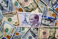 USD/TRY forecast Turkish lira on top of USA national currency, top view of mixed American dollars banknotes. TRY and USA paper money. Lira and US dollars exchange rate