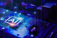 Chip di intelligenza artificiale su scheda elettronica con flussi di dati digitali e rete tecnologica avanzata