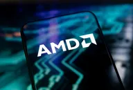 AMD logo displayed on a smartphone screen with a digital circuit background