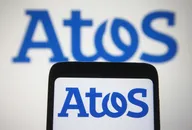 Atos logo displayed on a smartphone screen with a blurred Atos logo in the background
