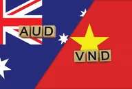 Australia and Vietnam currencies codes on national flags background