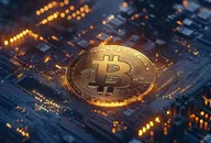 Bitcoin auf einer elektronischen Leiterplatte als Symbol für den Kryptomarkt und digitale Finanztechnologien