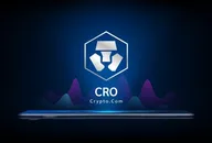 Crypto.com coin icon crypto currency token symbol come out from smartphone with growth chart. Trading cryptocurrency on application. 