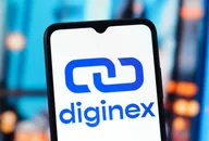 Diginex-Logo auf einem Smartphone-Bildschirm mit verschwommenem blau-orangem Hintergrund.