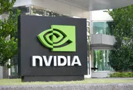 NVIDIA logo sign outside a modern office building