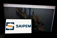 Saipem logo on a mobile device with offshore oil and gas infrastructure, representing the engineering and energy services company