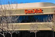 SanDisk logo displayed on the exterior of a company office building, representing the flash memory and data storage technology manufacturer.