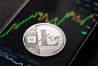 Silver litecoin cryptocurrency trading on smartphone close up