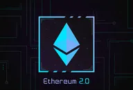 Ethereum 2.0 logo, which depicts a blue pyramid in reflection, on dark background