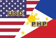 American and Philippine currencies codes on national flags background.
