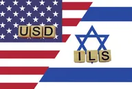 USA and Israel currencies codes on national flags background. USD and ILS currencies