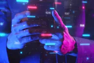 a businessman is typing financial data on a mobile phone with futuristic stock graphics, a stock exchange market of a business investor and a background of digital cryptocurrency technology ideas