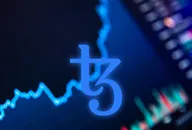 the Tezos (XTZ) logo in blue on a dark blue background with finance graph