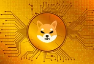 SHIB cryptocurrency logo, showing a cartoon Shiba Inu dog on a coin, over a golden orange background with circuit board graphics detail