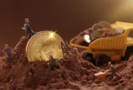 Miner figurines digging ground to uncover big Gold bitcoin. Cryptocurrency Mining concept