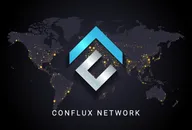 Conflux logo isolated on earth night lights world map background.