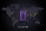 Illuvium crypto currency digital payment system blockchain concept. Cryptocurrency isolated on earth night lights world map background. Vector illustration