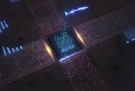 NEAR coin logo beamed onto a futuristic screen in blue light, superimposed onto a circuit board design