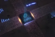 Celo logo projected in electric blue light onto a graphic background with circuit board detail