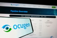 STUTTGART, GERMANY - Aug 15, 2021: Smartphone with logo of US biopharmaceutical company Ocugen Inc on screen in front of website Focus on left of phone display
