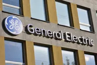 General Electric logo, emblem, symbol on the facade of General Electric Company.