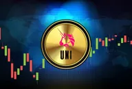 The Uniswap logo of a unicorn’s head against a trading chart background