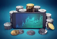 A cryptocurrency growth graph is displayed on a smartphone screen, surrounded by various piles of cryptocurrencies. 3D rendering