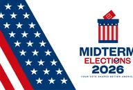 Midterm Elections 2026 banner with stars and stripes of the American flag and a ballot being cast into a striped ballot box