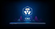 Crypto.com coin icon crypto currency token symbol come out from smartphone with growth chart. Trading cryptocurrency on application.