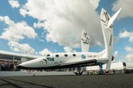 The futuristic Virgin Galactic reusable, sub-orbital spacecraft on static display at the Farnborough International Airshow, UK on July 15, 2012