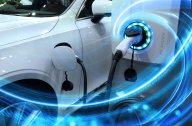 Electric vehicle at charging station with the power cable supply plugged in owith