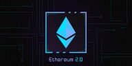 Ethereum 2.0 logo, which depicts a blue pyramid in reflection, on dark background