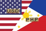 American and Philippine currencies codes on national flags background.