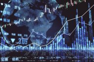 US Russell 2000 forecast: Will the index recovery sustain? Global stock market concept with circle world map and financial chart and diagram at dark background. 3D rendering