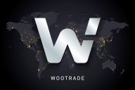 Vector illustration of Wootrade cryptocurrency digital payment system blockchain concept. Cryptocurrency isolated on earth night lights world map background