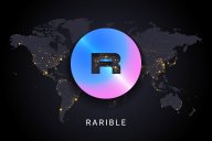 Rarible crypto currency digital payment system blockchain concept. Cryptocurrency isolated on earth night lights world map background. Vector illustration