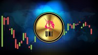 The Uniswap logo of a unicorn’s head against a trading chart background