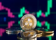 XRP tokens, candle charts going up and down in the background