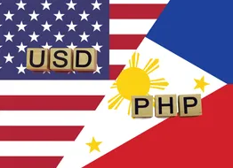 American and Philippine currencies codes on national flags background. 