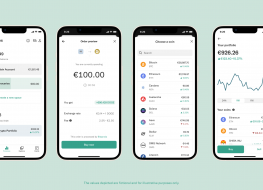 Illustration of the N26 mobile app on four smartphone screens