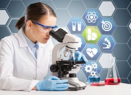 Biopharmaceutical scientist in lab with illustration