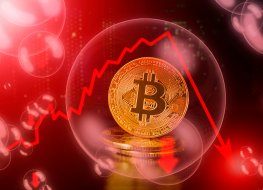 Bitcoin sign on bubble with down red arrow