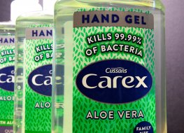 Bottle of Carex hand gel products on a shelf