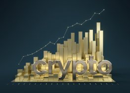 Image of the word crypto and gold bars on graph