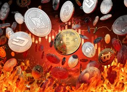 cryptocurrency coins on red fiery background