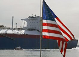A general photo of an LNG tanker arriving in Boston in the US