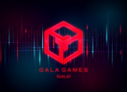 The Gala Games token logo and name appears in red on a background of binary code