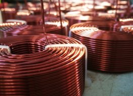 Copper cables Skeins of copper metal cables arranged in a factory