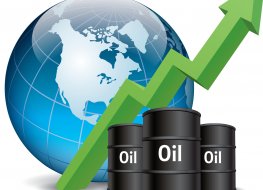 Illustration of global oil prices rising with oil barrels and an arrow pointing upwards
