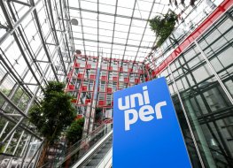 Photo shows the logo of energy supplier Uniper in the entrance hall at the company's headquarters in Dusseldorf, western Germany